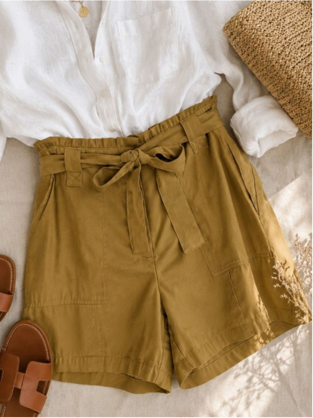 Nine West Paperbag Waist Shorts Large Dark Khaki Belted High Rise Casual Summer